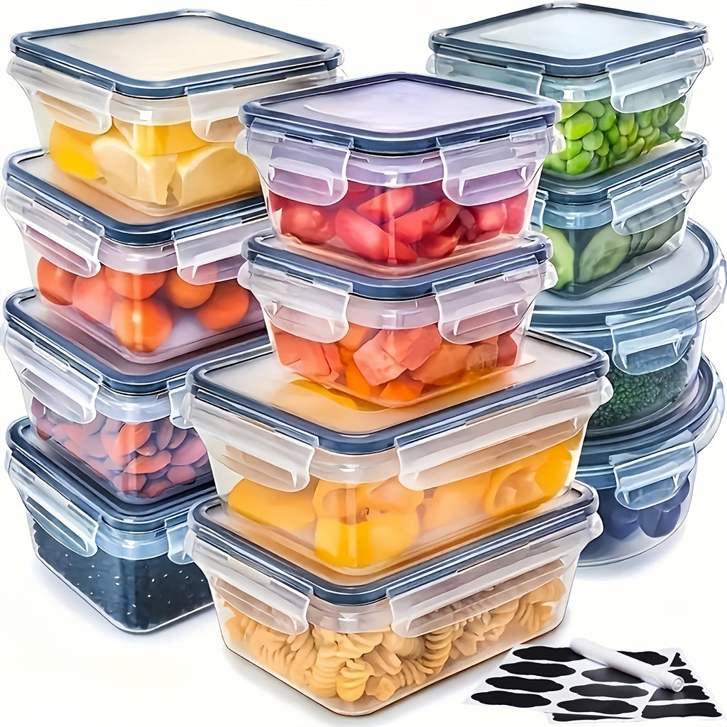 24/40/48pcs (12/20/24 Lids + 12/20/24 Box) Food Storage Container, Fresh-Keeping Boxes, Easy-To-Secure Lids- Airtight Plastic Containers for Food, Suitable for Pantry, Travel, Outdoor Picnics, Kitchen Organization Additions, with Labels Marke