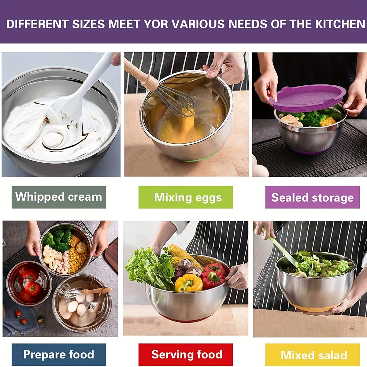 20pcs Mixing Bowls With Airtight Lids, Stainless Steel Metal Nesting Bowls, Non-Slip Colorful Silicone Bottom, Size 7, 3.5, 2.5, 2.0, 1.5, 1, 0.67QT, Great For Mixing, Baking, Serving