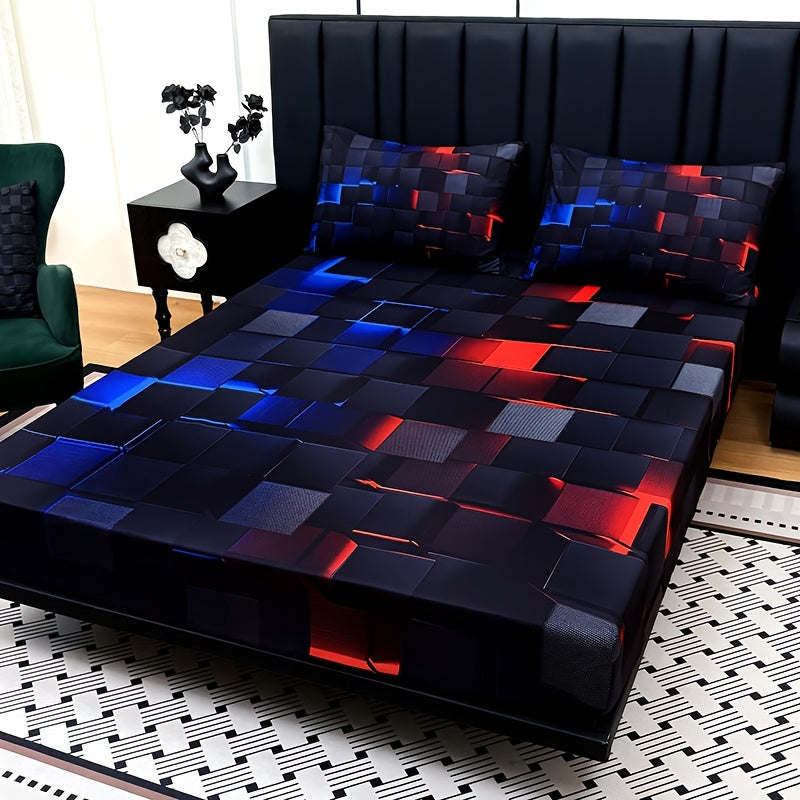 2D Flat 3pcs Cool Technology Digital Printing Material Plaid Fitted Sheet(1pc Bed Sheet+2pcs Pillowcase No Filling)Deep Pocket In 15 Inch At Home Dormitory Suitable for All Seasons Mattress Protector