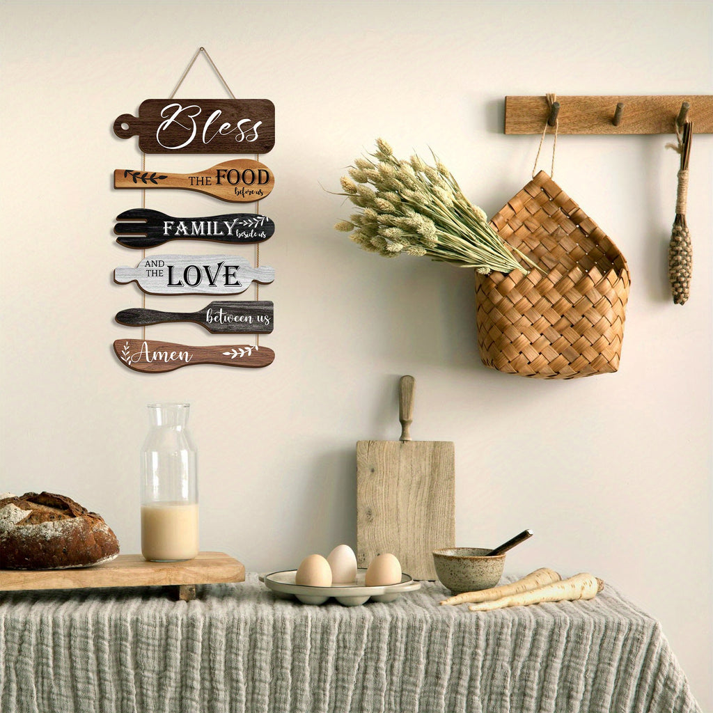 6 Pieces Bless The Food Before Us Farmhouse Kitchen Wall Decor Wood Board Set - Dining Room Decor Hanging Wall Art, Simple Rustic Style - Wood Rope Plaque Sign