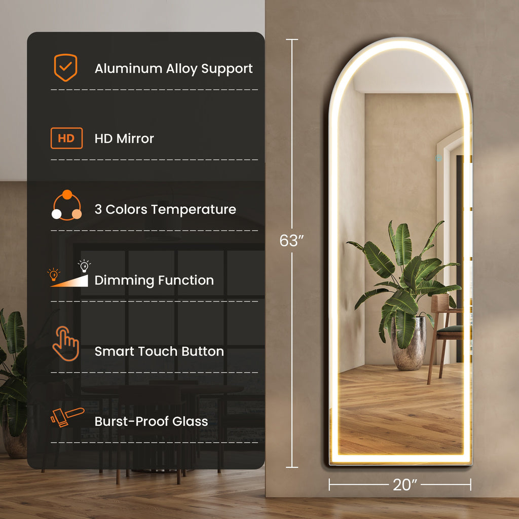 MCQ Arched/Rectangular LED Full Length Mirror, Full Body Floor Mirror Standing Hanging or Leaning Wall, Arch Wall Mirror with Stand Aluminum Alloy Thin Frame for Bedroom, Bathroom, Store