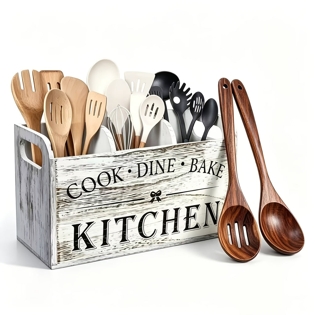 Rustic Wooden Kitchen Utensil Holder, 1pc 3-Compartment Storage Box, Kitchen Must Haves, Countertop & Wall-Mounted Organizer, Wood Material, Kitchen Accessories For Cook, Eat, Bake Tools, Kitchen Organizers And Storage