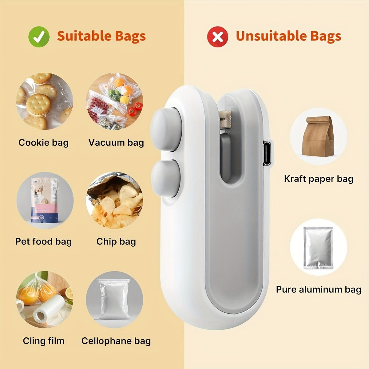 Buy 1 Get 1 Free, Total Of 2pcs Mini Bag Sealer, USB-C Rechargeable Bag Sealer, 2 In 1 Bag Sealer Heat Seal With Cutter And Magnet, Mini Bag Resealer Machine For Plastic Bags Snack Bags, Snacks Bag Sealer, Heat Sealer