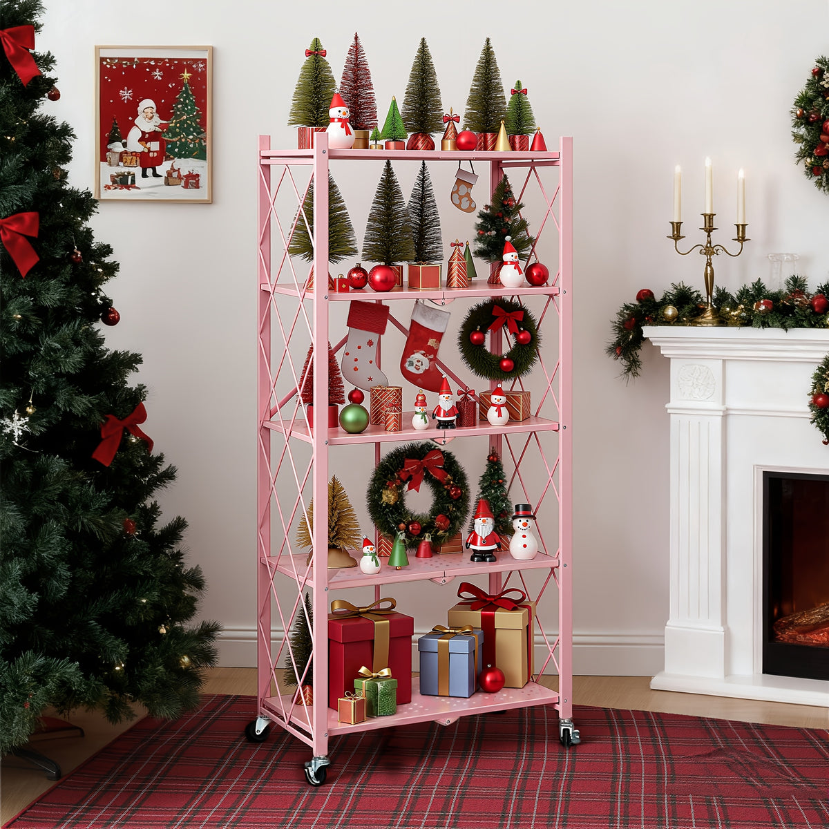 3/4/5-Tier Portable Multifunctional Storage Rack, Floor-Standing Storage Rack with Lockable Wheels, Space-Saving, No Assembly, Foldable Storage Shelf with Durable Carbon Steel Frame for Bedroom, Balcony, Garden, Standing Shelf