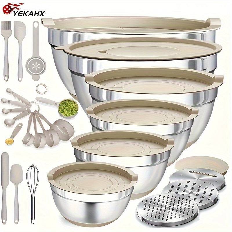 Mixing Bowls with Airtight Lids, 26pcs Stainless Steel Bowls Set, 3 Grater Attachments & Black Non-Slip Bottoms Size 7, 4, 2.5, 2.0, 1.5, 1QT, Great for Mixing & Serving