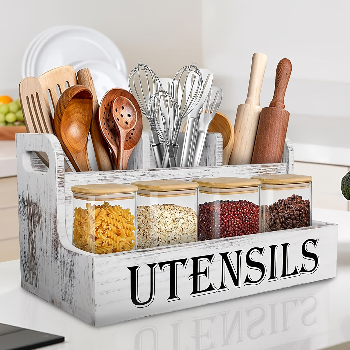 Extra Large Kitchen Utensil Organizer with 4 Compartments, White Wooden Kitchen Utensil Organizer for Kitchen Countertops, Farmhouse Utensil Storage, Rustic Cooking Utensils - White.
