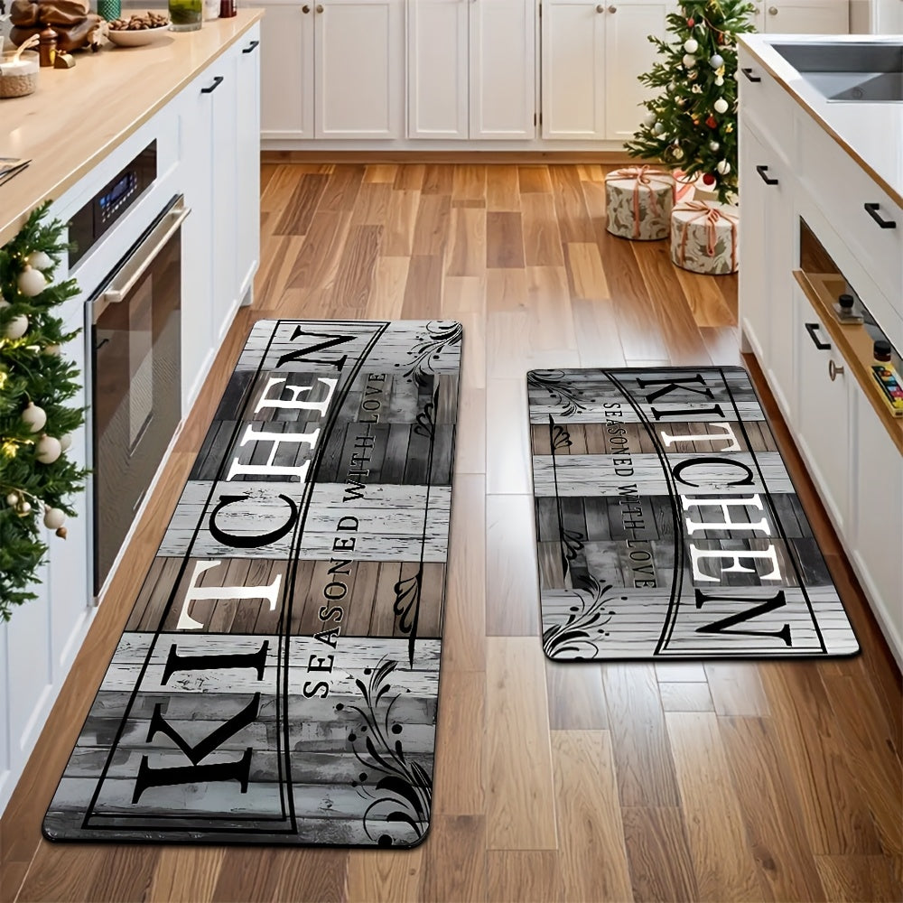 2pcs Diatom Mud Kitchen Floor Mat, Gray Wood Board Pattern Long Strip Mat, Water And Oil Absorption, Anti-slip, Machine Washable, Suitable for Bathrooms, Laundries, Corridors, And Home Decoration Carpets
