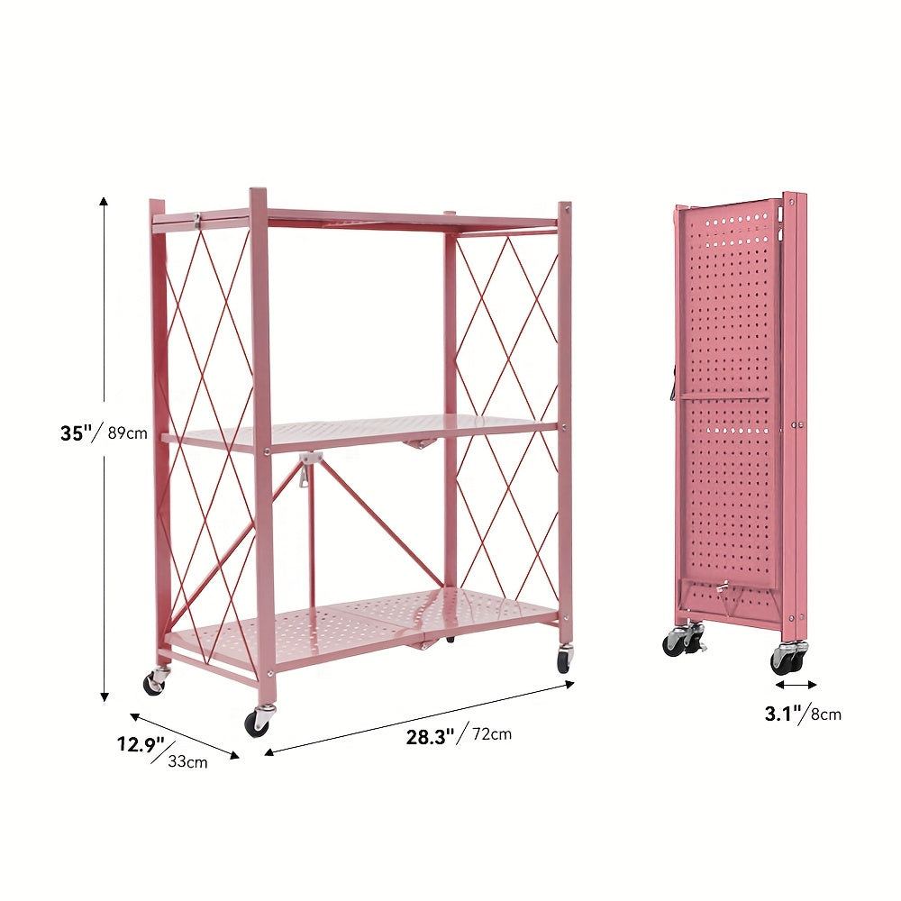 3/4/5- Tier Movable Vertical Multi-Functional Storage Racks, Portable Metal Folding Storage Racks with Locking Wheels, Large - Capacity Kitchenware Storage Racks That Require No Installation. Suitable for Families, College Dormitories