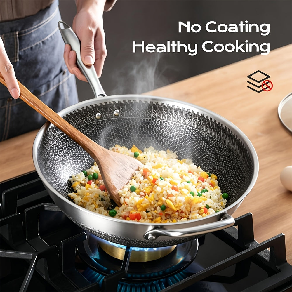 13.3-Inch Tri-Ply Stainless Steel Non-Stick Wok with Lid And 2pcs Cookware Additions, Honeycomb Design, Home Cooking Pan, Suitable for All Stoves, Kitchen Utensils, Kitchen Tools, Kitchen Accessory, Kitchen Supplies Camping