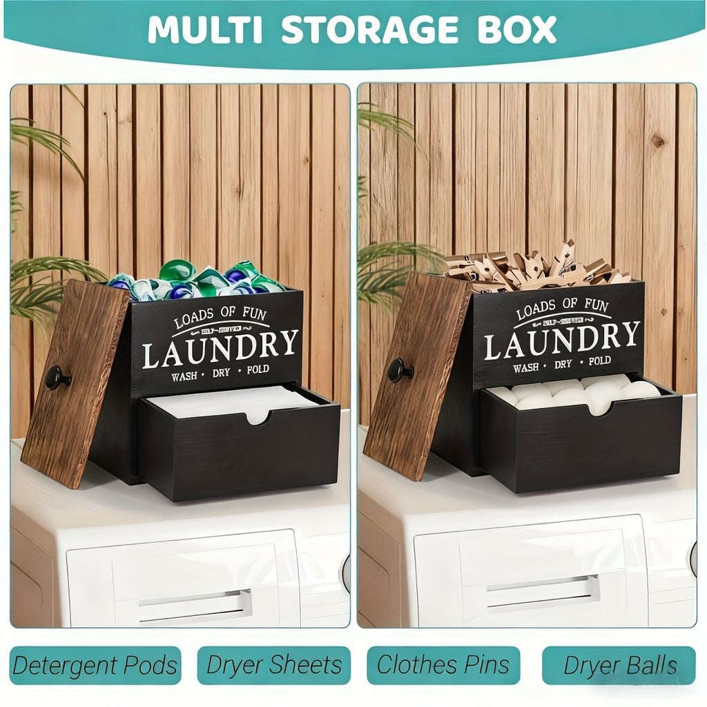 MONDRAME Farmhouse-Style Wooden Dryer Sheet Holder with Drawer And Lid - Dual Installation Options, Wall Mount Or Countertop, Laundry Pod Dispenser for Organized Storage