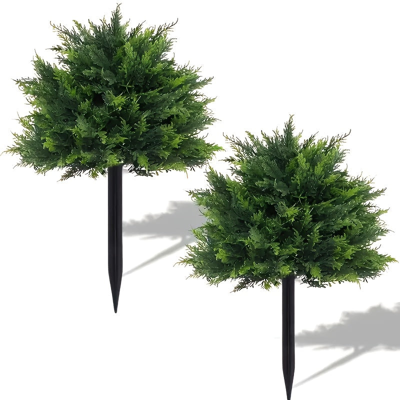3 Large Artificial Cedar Shrubs with Ground Spikes, UV-Resistant Faux Cypress/Pine Shrubs, Outdoor and Indoor Porch Garden Decoration, All-Season Holiday and Home Outdoor Decoration, Durable Plastic Artificial Greenery