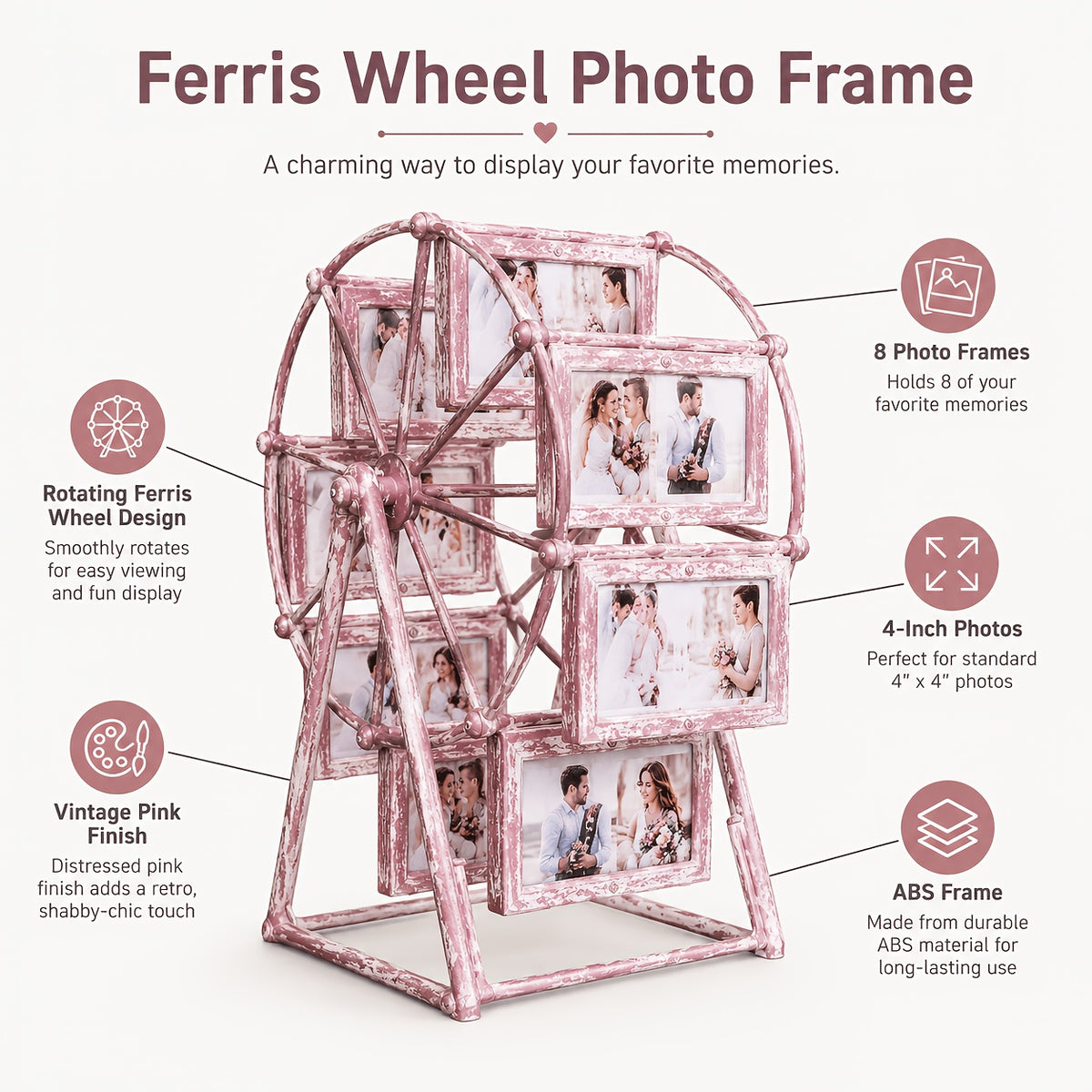 Vintage Rotating Ferris Wheel Photo Frame - 8 4-inch Photo Frames - Exquisite Living Room, Bedroom, Desk Furnishings - Perfect for Valentine'S Day, Birthday, Christmas Gifts (Frame Material ABS Plastic)