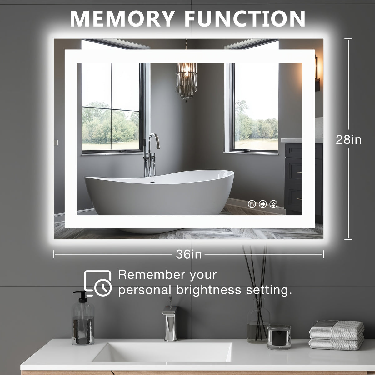 1pc Anti Fog LED Bathroom Mirror with Dual Light Source 3 Lighting Modes Dimmable 3 Color Vanity Mirror Wall Mounted Horizontal Vertical