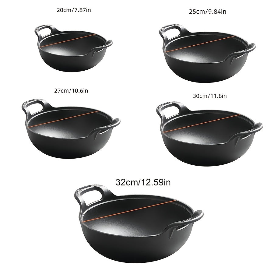 5 Sizes Cast Iron Wok, 7.87/ 9.84/ 10.62/ 11.81/ 12.59in Heavy-Duty Cast Iron Skillet, Traditional Uncoated Deep Stir-Fry Pan, Multi-functional Kitchen Cookware, Durable Cooking Pot with Dual Handles, Grilling Steaks & Baking, Ideal for Home, Outdoor