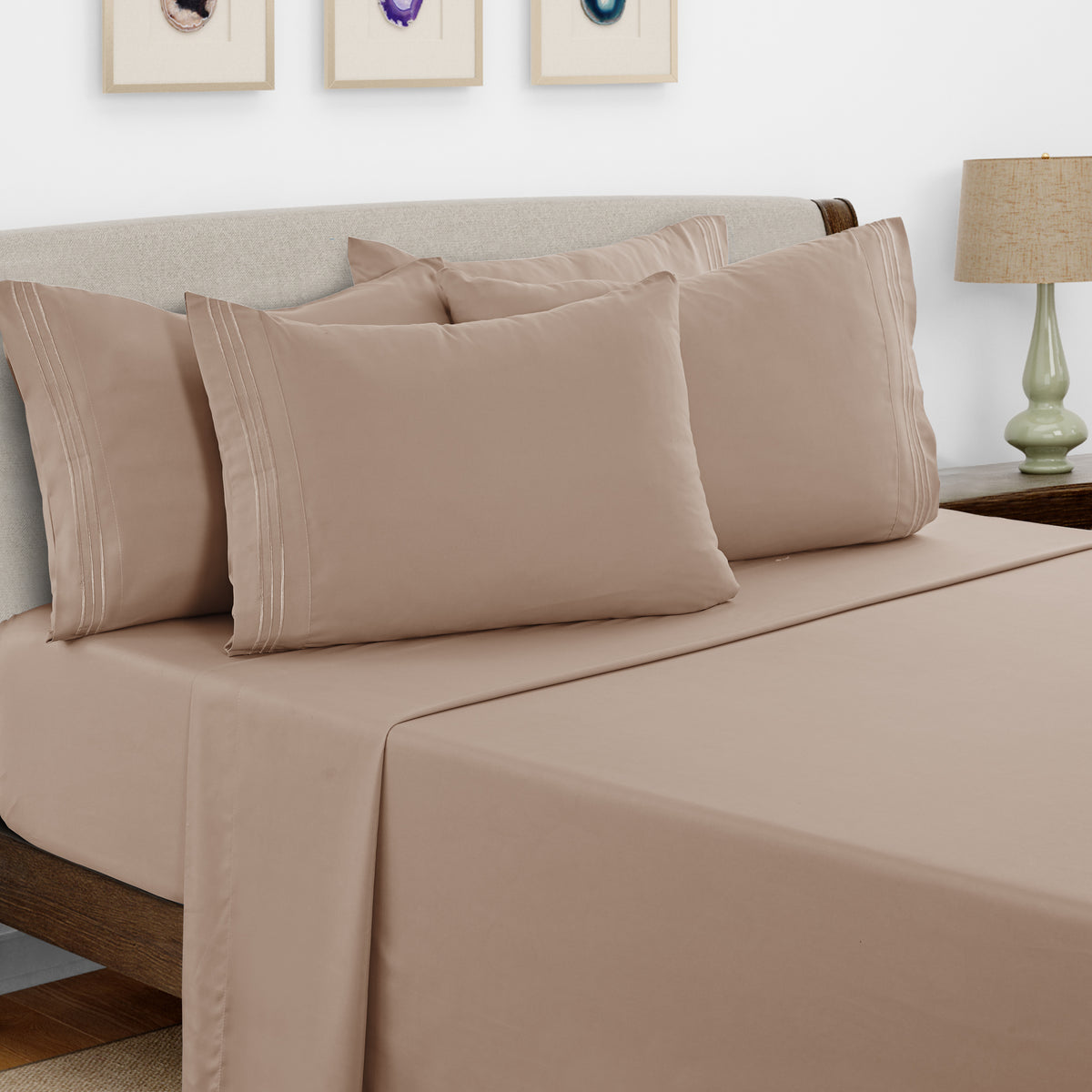 Lux Decor 6 Pieces Solid Bed Sheets Set - Modern Soft Comfortable Bedding Set, Hotel Luxury Skin Friendly Cooling Sheets & Embroidered Pillowcases Without Filler - All Seasons Bed Sheet with 16 Inches deep Pocket, Breathable Skin Friendly & Cooling Sheets