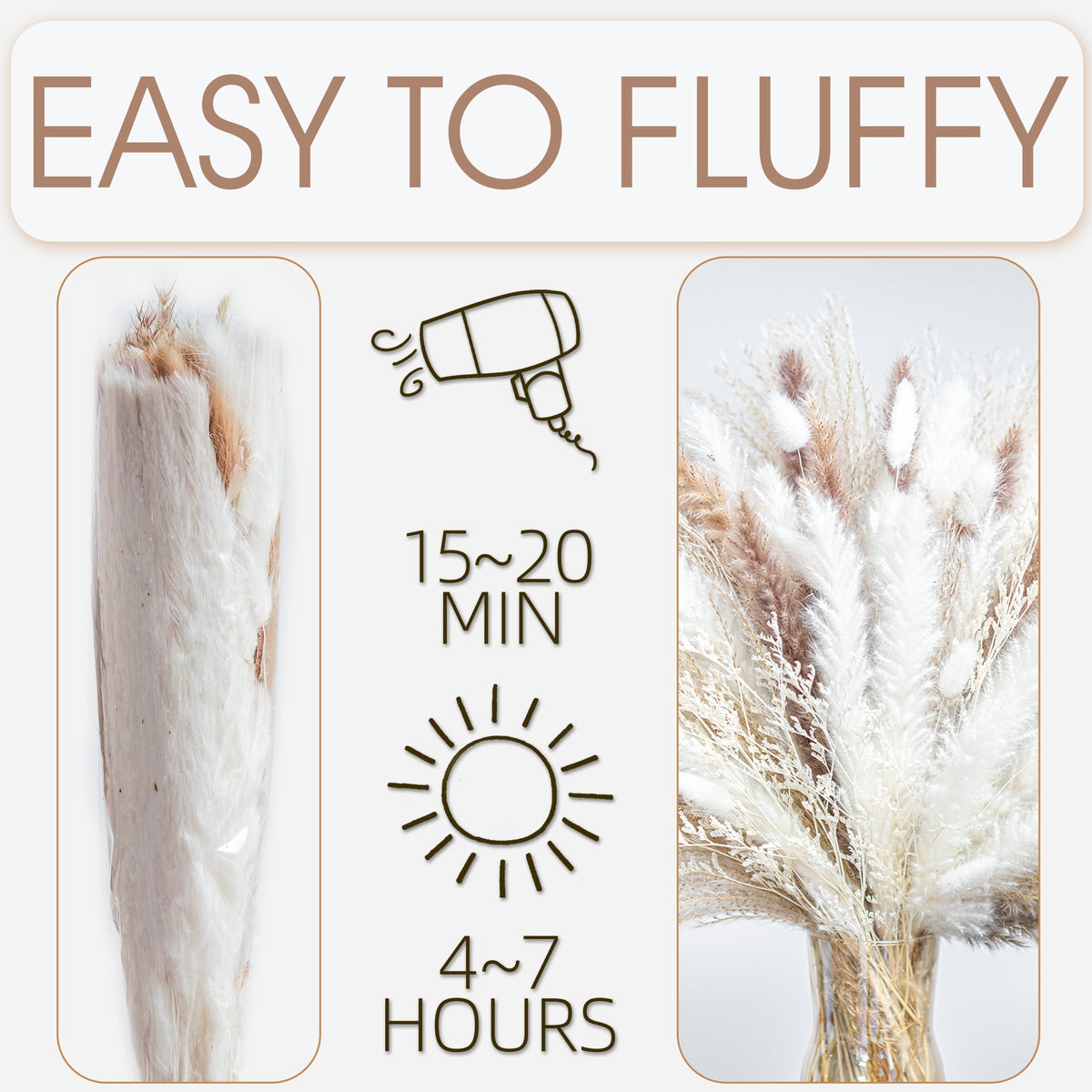 Dried Pampas Grass Decor, 120pcs Pampas Grass with Bunny Tails Dried Flowers, Reed Grass Bouquet for Wedding, Boho Flowers, Home Table Decor, Rustic Farmhouse Party