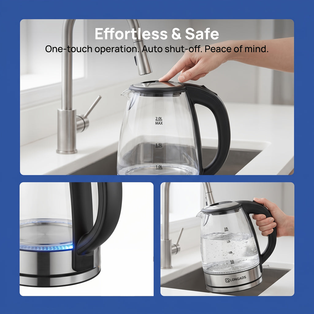 Electric Kettle, 67.63oz Large Capacity, Glass Electric Kettle, 1000W High Power, Anti-dry Burning And Rapid Heating, Suitable For Kitchen, Dining Room And Living Room, For Brewing Coffee And Milk, Saving More Heating Time And Being Safer.
