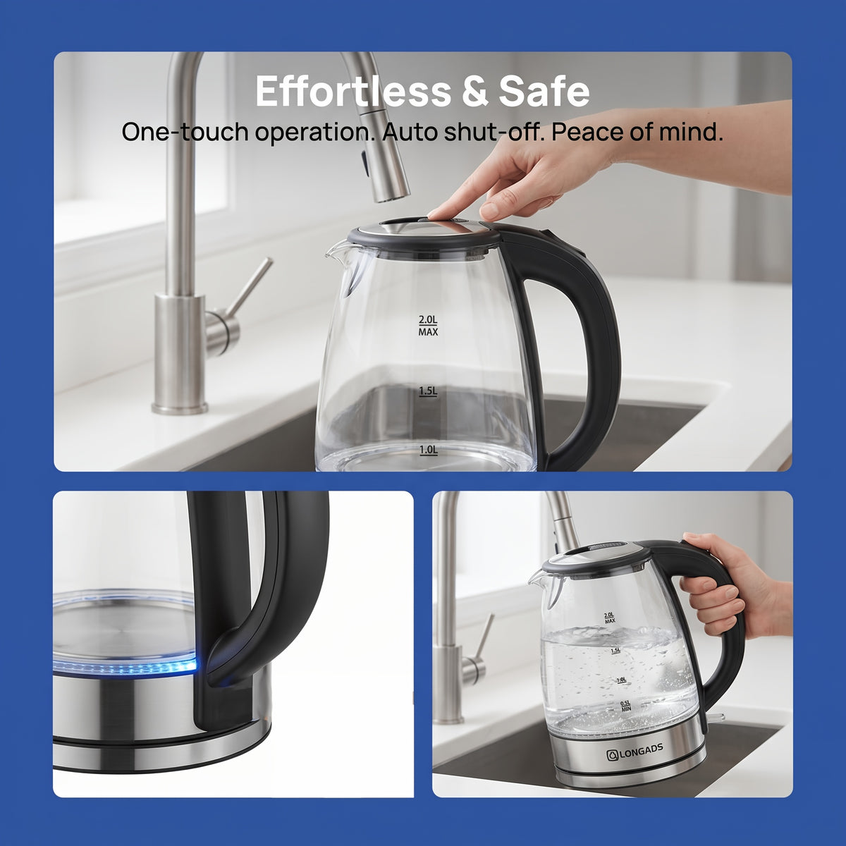 Electric Kettle, 67.63oz Large Capacity, Glass Electric Kettle, 1000W High Power, Anti-dry Burning And Rapid Heating, Suitable For Kitchen, Dining Room And Living Room, For Brewing Coffee And Milk, Saving More Heating Time And Being Safer.