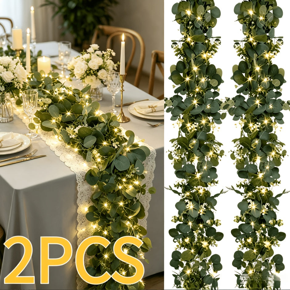 Lighted Eucalyptus Wreath, 2 Packs 6FT Green Flower Wreath Decoration, Artificial Simulated Eucalyptus Leaves Green Vine, Used for Table Runner Wedding Centerpiece Background Decoration(Warm Color)