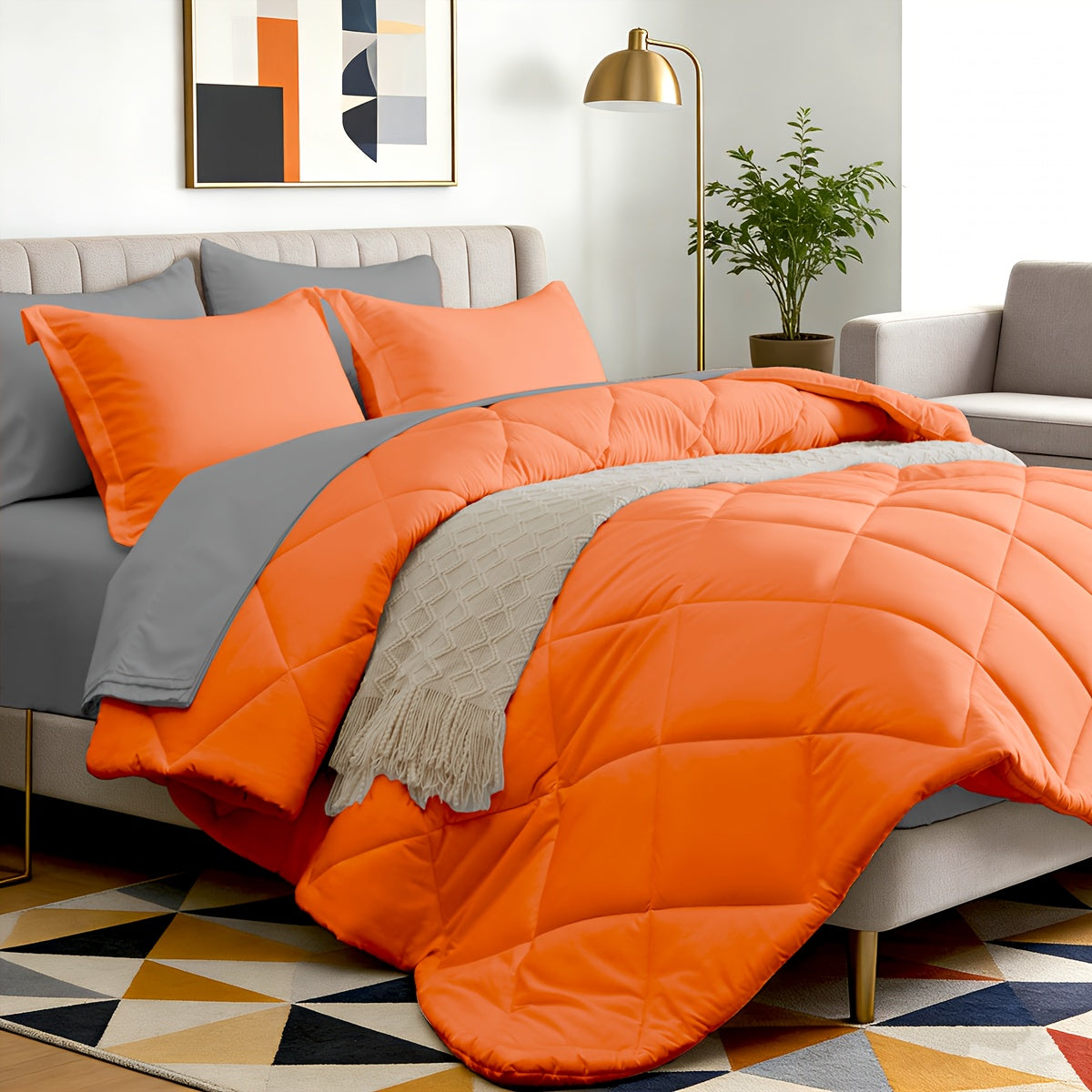 5/7pcs Luxurious Double-sided Checked Pattern Comforter Set-Breathable-Ultra Soft Fluffy Fiber Filling, Warmth for All Seasons-Bed In A Bag with Comforter, Flat Sheet, Fitted Sheet, Pillowcases, And Pillowshams, Family Gift Set, Random Color