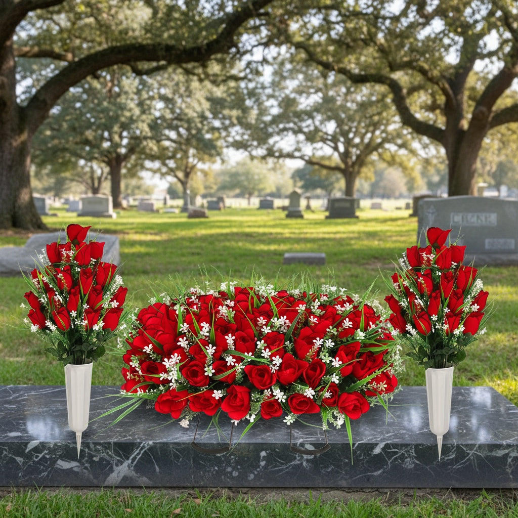 1/2/3pcs Artificial Cemetery Flower For Grave With Saddles, Artificial Silky Rose Flowers And Bouquets With Vases, Memorial Day Flowers For Cemetery, Outdoor Grave Headstones Decoration