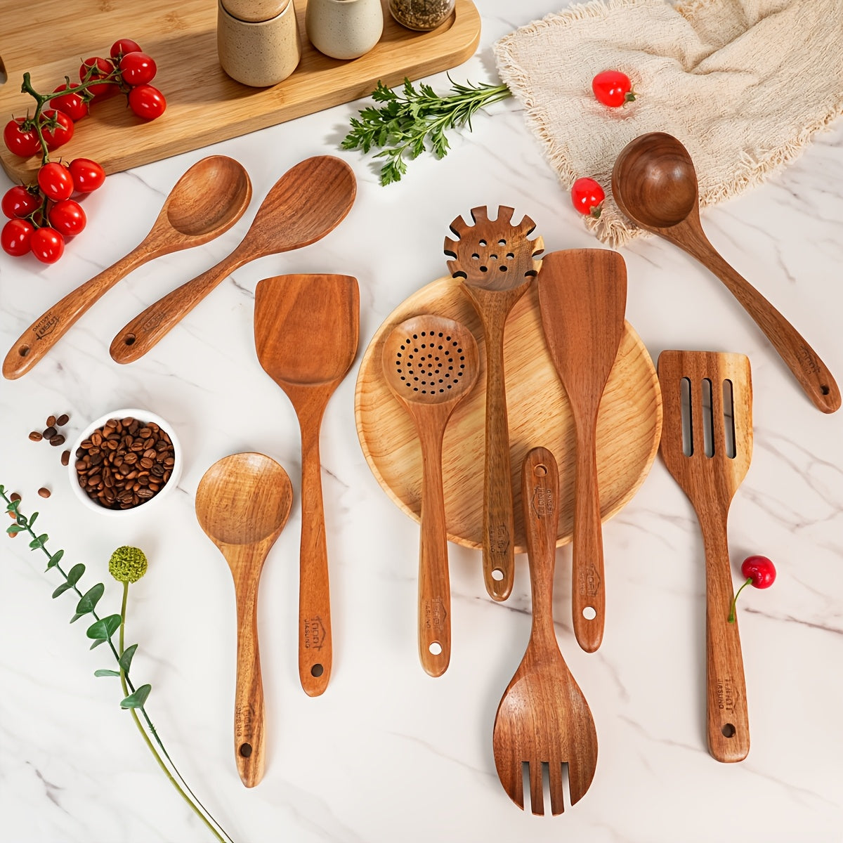 10pcs Wooden Spoons for Cooking, Natural Teak Wooden Kitchen Utensils Set Non-Stick Kitchen Pan Toolset Wooden Utensils for Cooking Wooden Cooking Utensils Wooden Spatulas for Cooking