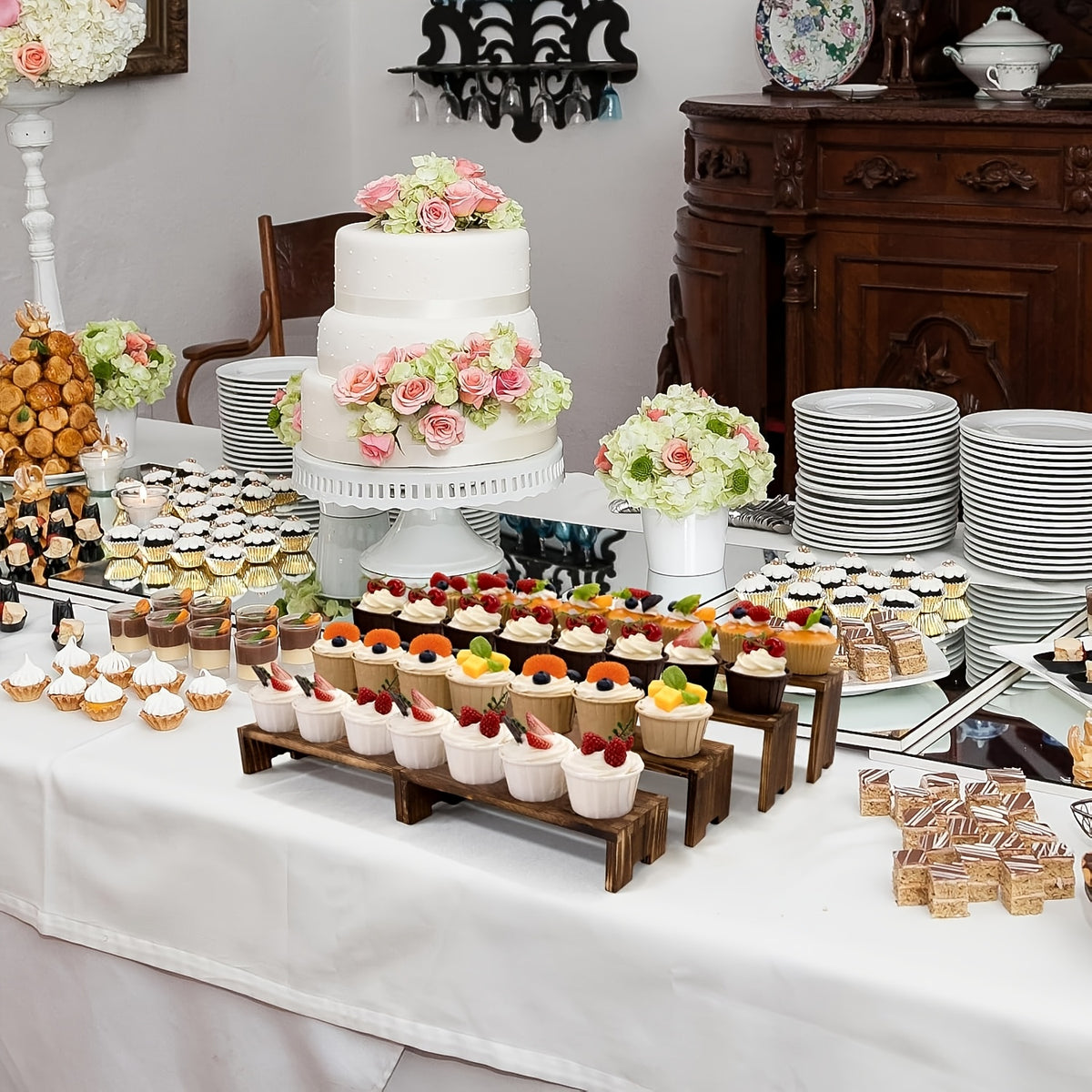 6/8pcs 2 Set Large Wooden Tiered Risers Display Stands for Vendor Events,Stackable Wooden Cupcake Display Stand,Farmhouse Decor Wood Dessert Table Display Set,Vendor Booth Display Items,Food Display Risers for Party
