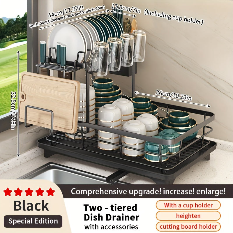 2-Tier Metal Dish Drying Rack, Suitable for Types of Countertops. Space-saving and Durable, Comes with Cutlery Holder, Cup Holder, and Rust-proof Drip Tray. Helps Your Kitchen Neat and Organized.