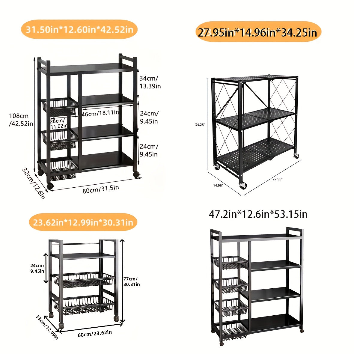 1pc Movable Storage Rack, Adjustable 4-storey Kitchen Shelf With 3 Wire Baskets, Kitchen Organizer And Storage, Metal Shelf Rack With Wheels, Suitable For Garage, Pantry, Bathroom, Closet, Warm House Gift, New Home, Standing Shelf