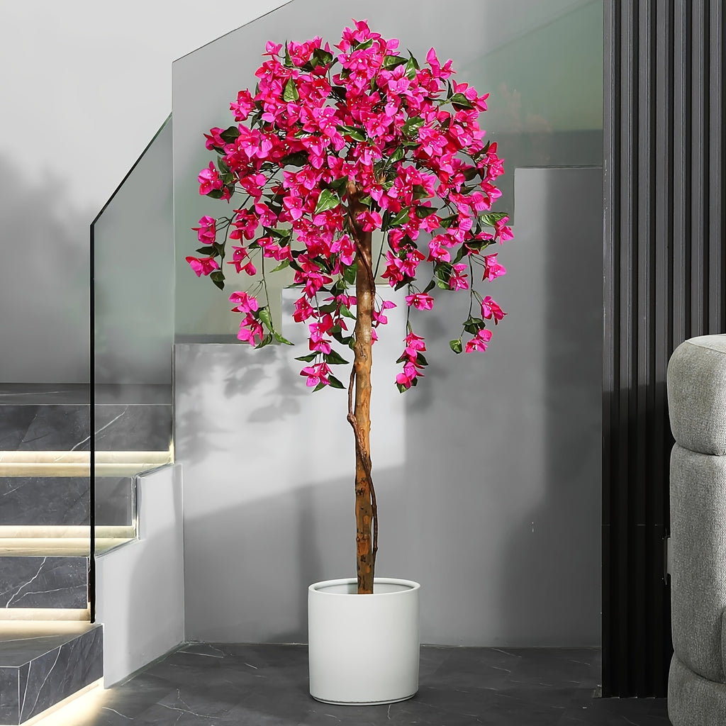 Artificial Bougainvillea Flowers Tree, Faux Potted Plants with Wood Trunk And Pink Flowers for Housewarming Decor Gift