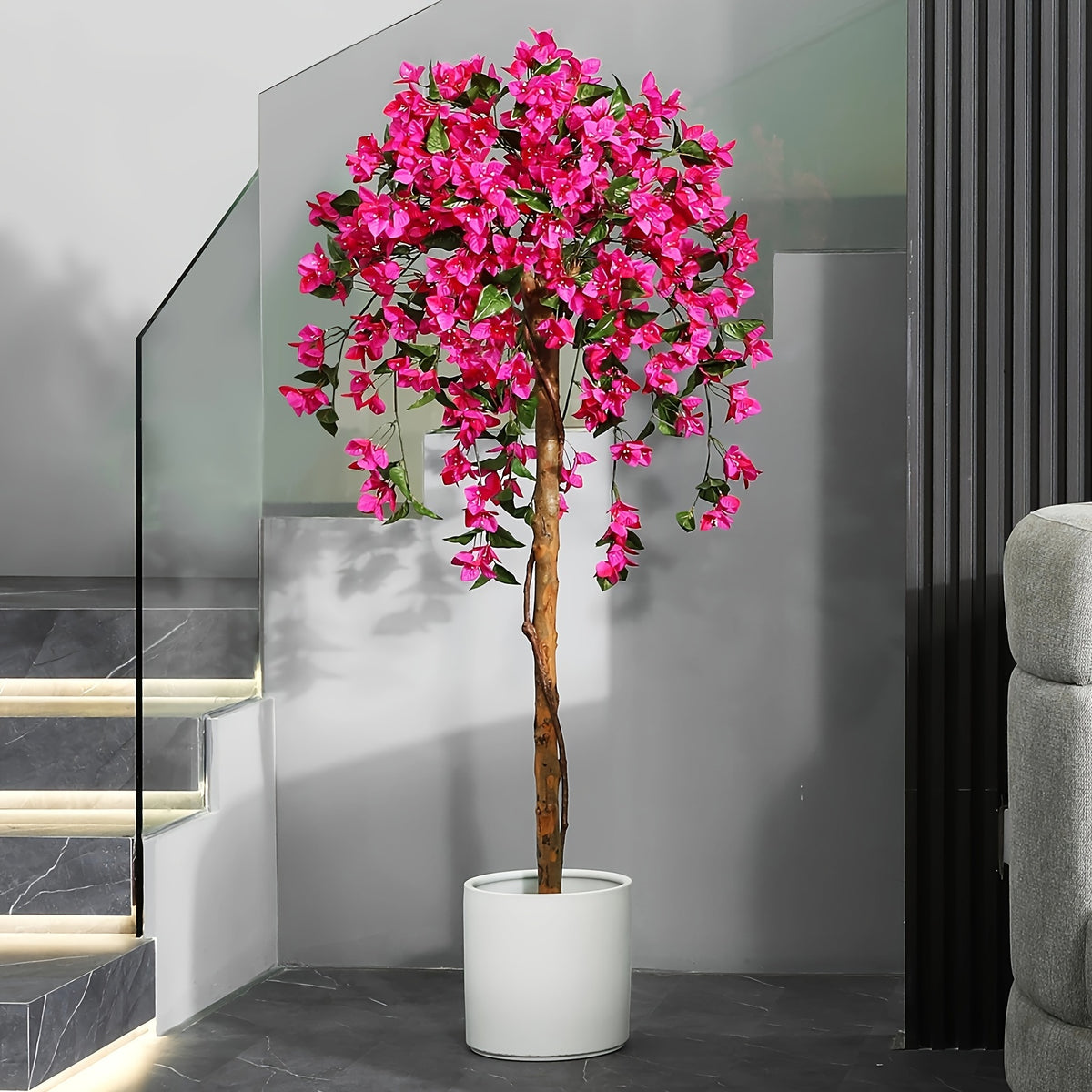 Artificial Bougainvillea Flowers Tree, Faux Potted Plants with Wood Trunk And Pink Flowers for Housewarming Decor Gift