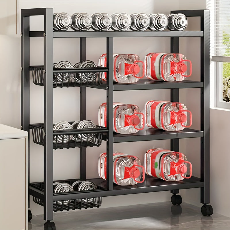 1pc Movable Storage Rack, Adjustable 4-storey Kitchen Shelf With 3 Wire Baskets, Kitchen Organizer And Storage, Metal Shelf Rack With Wheels, Suitable For Garage, Pantry, Bathroom, Closet, Warm House Gift, New Home, Standing Shelf