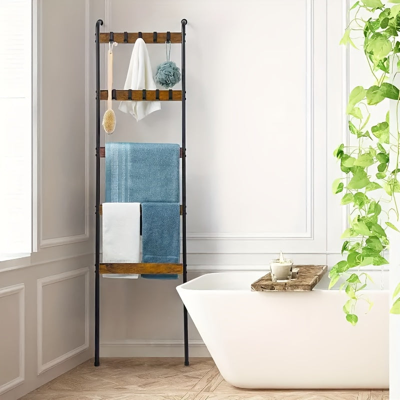 Blanket Ladder, 5 Tier Blanket Holder with 10 Removable Hooks, Farmhouse Style Blanket Ladder for Living Room Bathroom, Decorative Wall Mounted Wooden Quilt Standing Towel Drying Storage Rack, Towel Racks