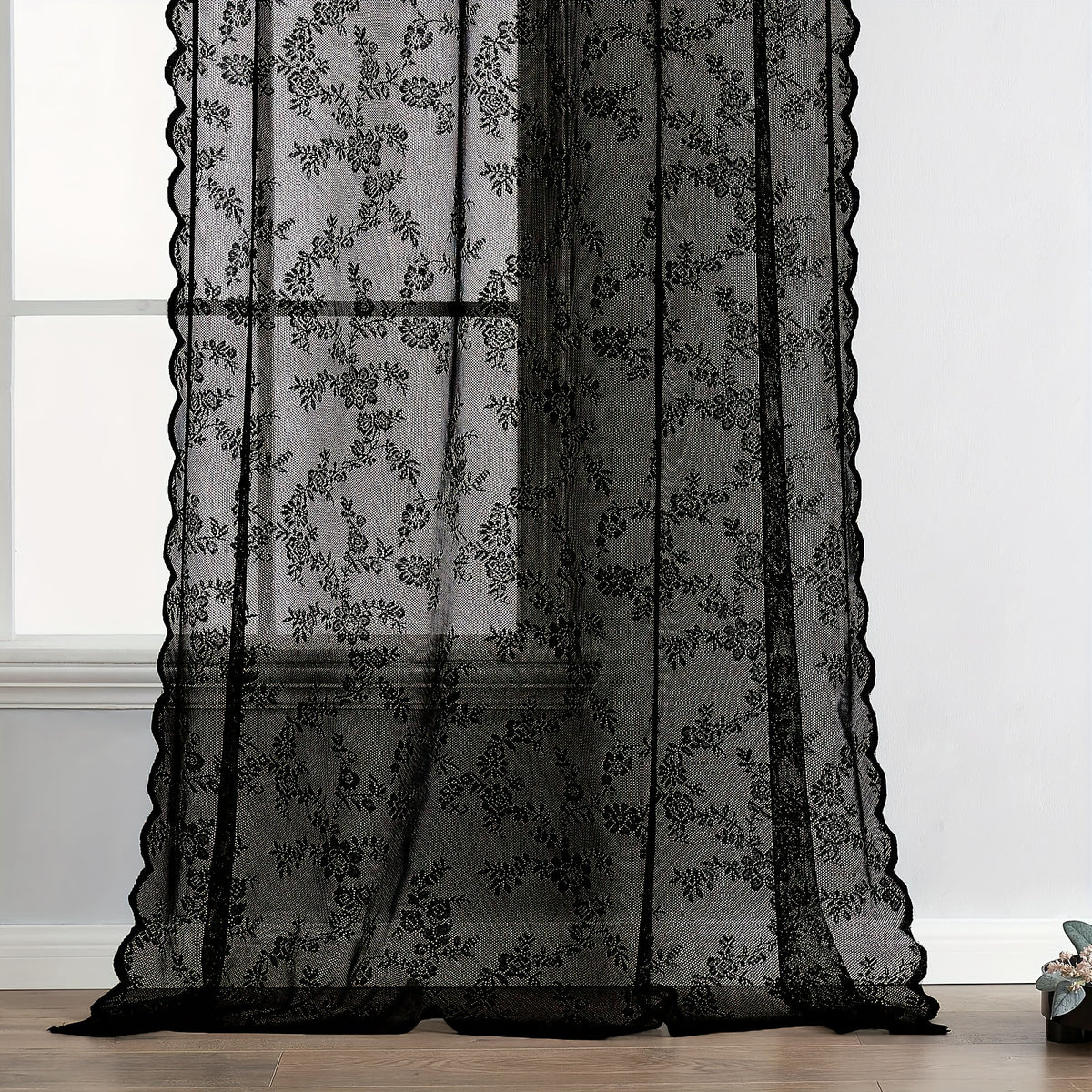 Romantic Pastoral Lace Sheer Curtain for Balcony and Office, Translucent Window Drapery with Floral Pattern, Machine Washable Polyester, Rod Pocket Design - 1pc
