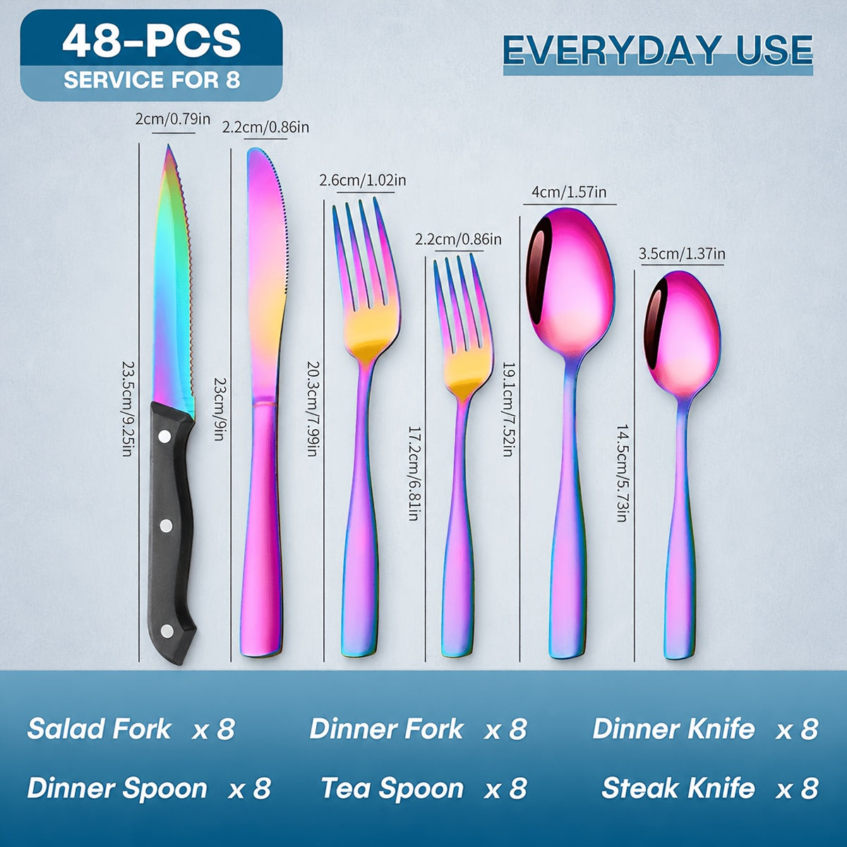48pcs Black Silverware Set with Steak Knives Service for 8, Stainless Steel Flatware Set, Mirror Polished Kitchen Additions, Home Kitchen Party Eating Tableware Set, Includes Fork Knife Spoon Set, Dishwasher Safe