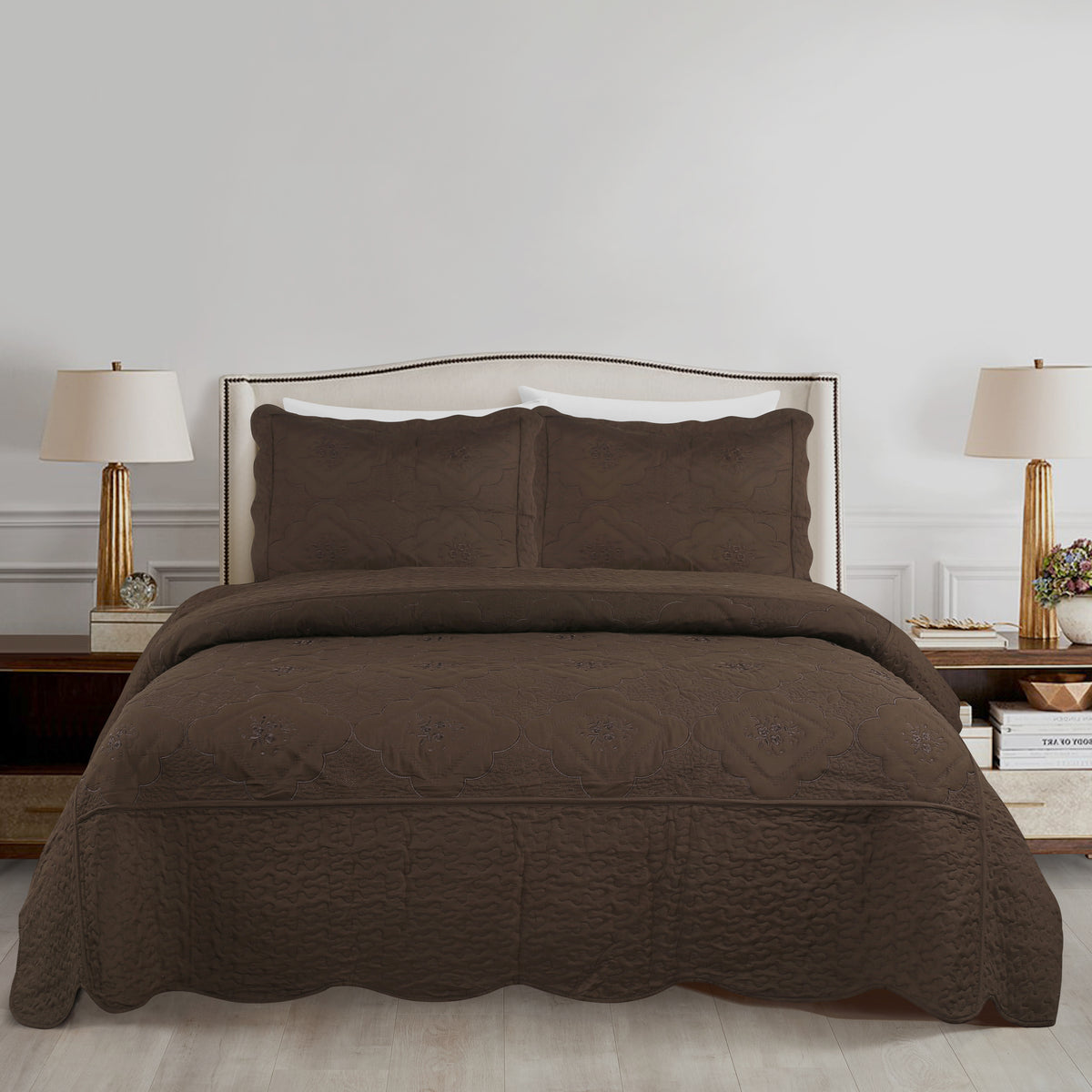 3pcs Exquisitely Crafted King/ Queen Size Quilted Bedspread Set with Intricate Floral Embroidery - 100% Polyester, Wrinkle - Resistant, Lightweight, Perfect for Adding A Touch of Elegance To Your Bedroom Decor