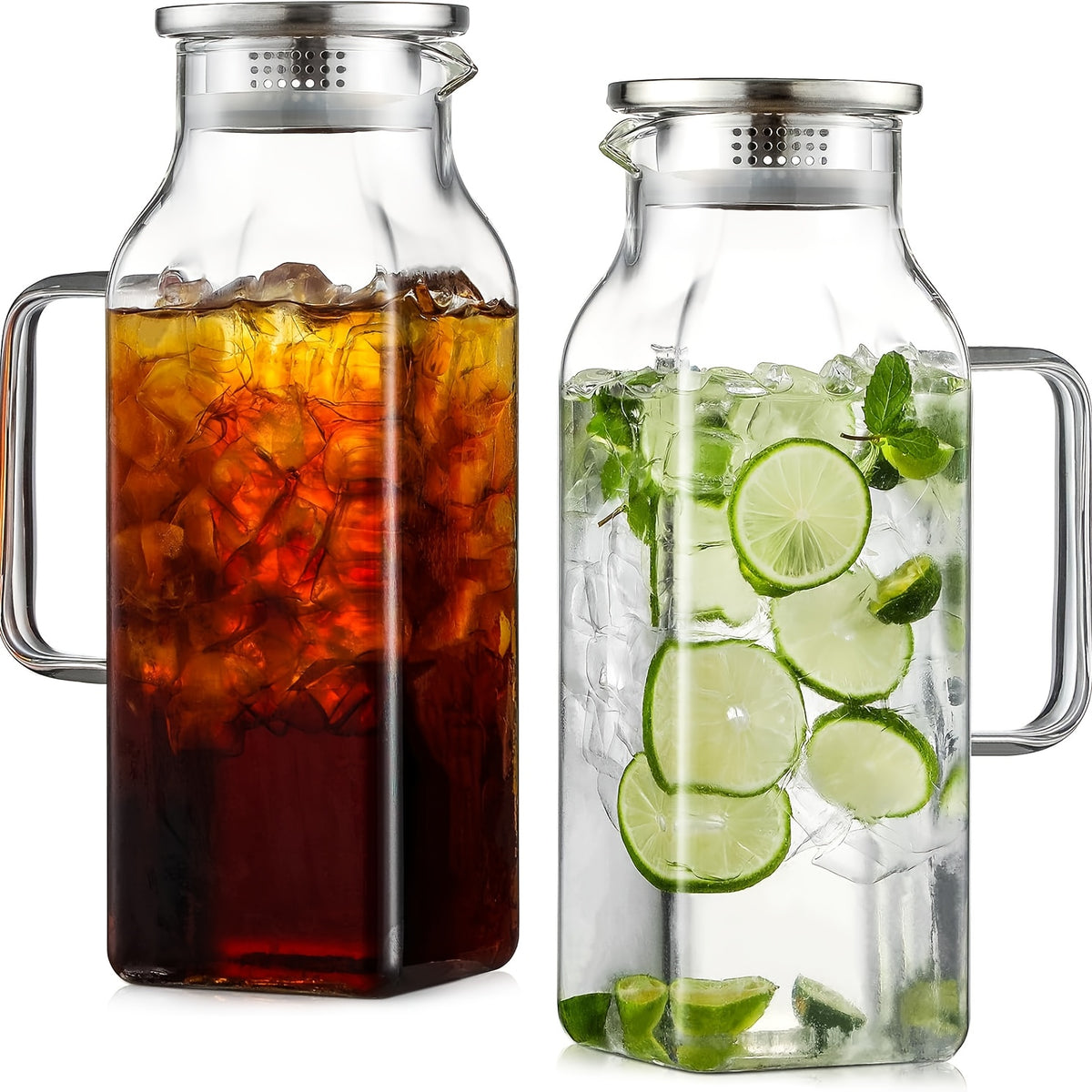 1/2 Pack 2 Liters/68 Oz Square Glass Pitcher with Lid And Handle for Fridge, Iced Tea And Coffee Carafe Beverage Serveware, Heat Resistant Borosilicate Water Jug for Hot/Cold Drinks And Milk, 304 Stainless Steel