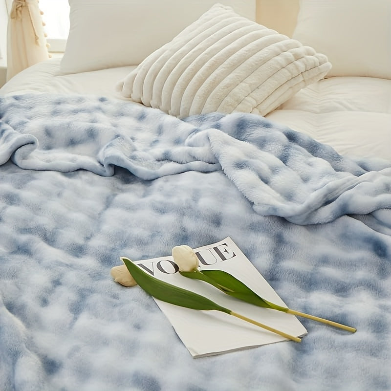 Lightweight Faux Rabbit Fur Blanket, Reversible Tie-Dye Polyester Throw with Soft Texture and Machine Washable Design for Sofa Lounging and Bed Layering