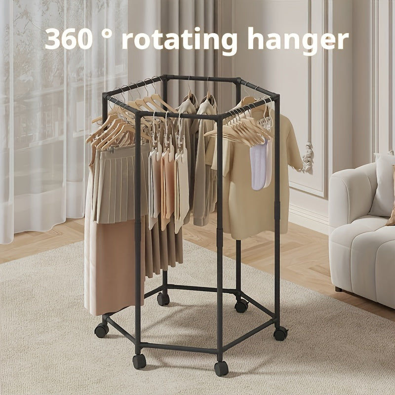 Hexagonal Rotary Clothes Rack, Self-Standing Vertical Clothing Hanging Rack, Suitable for Laundry And Household Storage Space Saving (Black/White), Easy Storage Device, Durable Structure, High-Quality Materials, Small Apartment Living, Convenient