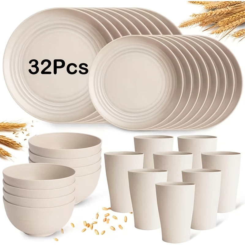 Brczuo16/32pcs Securely Fixed Non Fragile Plates, Wheat Straw Tableware Set, Microwave Dishwasher Safe, Durable Tableware, Black Set Includes 16 Plates, 8 Bowls, 8 Cups, Suitable For Family Gatherings, Birthday Parties, Camping