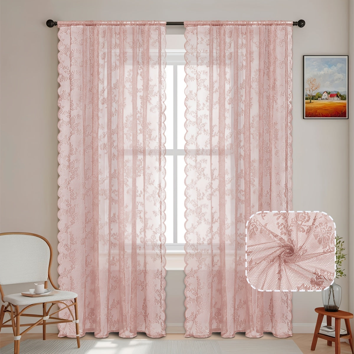 Set of Two White Lace Curtains with Floral Designs, Featuring a Bohemian Style And Semi-Transparent Fabric That Filters Sunlight. Suitable for All Seasons