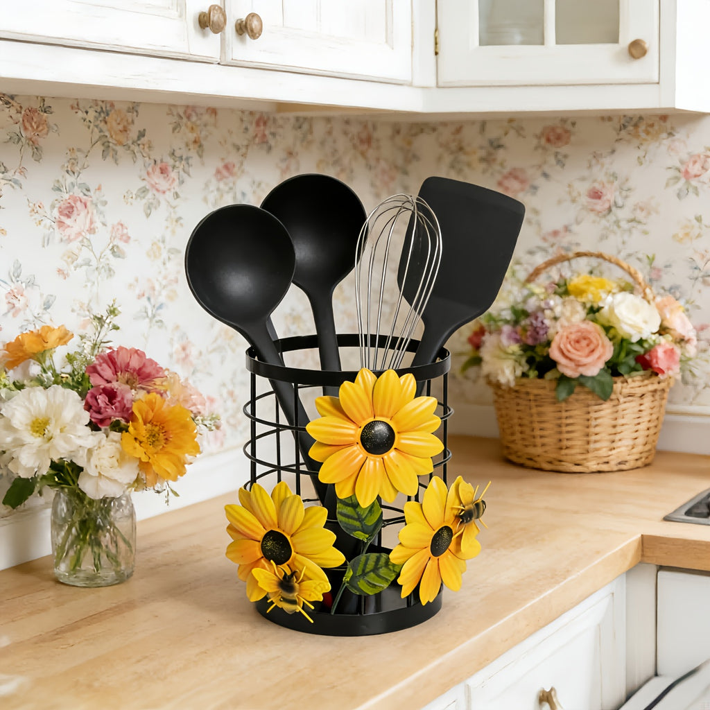 Sunflower Flatware Storage Basket - Open Kitchen Countertop Organizer, Home Storage & Decor, Housewarming Gift Must-Have, Stylish & Functional Present