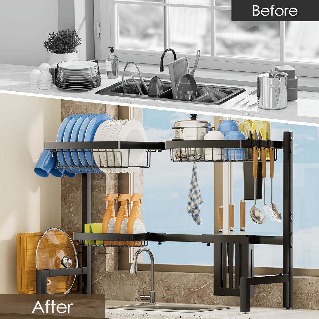 Expandable Multi-Tier Black Kitchen Organizer with Dish Rack, Drainage Tray, Spice Shelf & Towel Holder - Space-Saving Sink Storage for Dishes, Utensils | Durable Black Metal | Dustproof Design, Kitchen Accessories, Kitchen Organizers And Storage