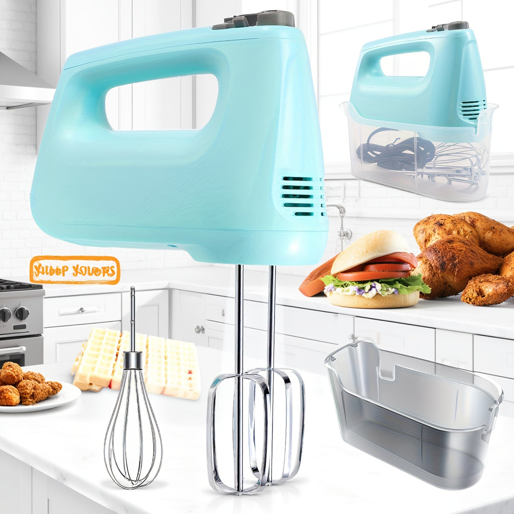 Hand Mixer, Handheld Mixer with Storage Case 5-Speed Plus Turbo Hand Mixer Electric with 5 Stainless Steel Attachments(2 Beaters, 2 Dough Hooks And 1 Whisk), Silver