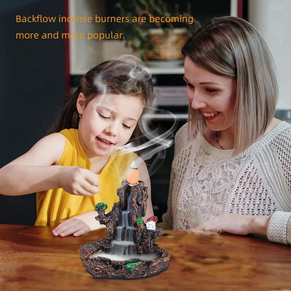 Resin Incense Waterfall Burner Stand with 60 Cones - Waterfall Smoke Burner Suitable for, Office, Yoga Studio, Meditation Room, Stone Brown Resin Cone Holder for & Zen Decor (No Refillable)
