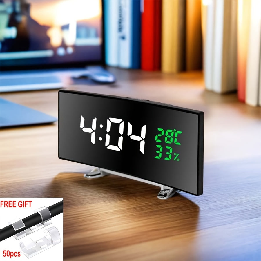 1pc 6.6-Inch Multifunctional LED Alarm Clock with Curved Large Screen Display - Desk Clock Can Show Time, Temperature, and Humidity, Plug-In Use/ Three-Section Seven Battery (Only Battery Use Screen Will Automatically Turn Off)