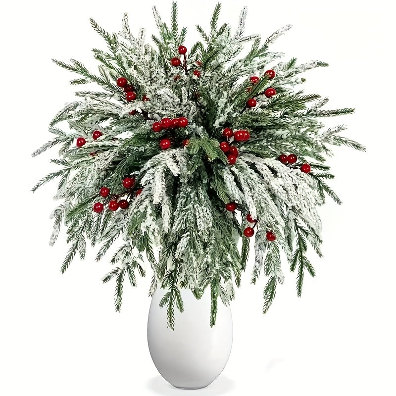 20pcs 14in Artificial Christmas Greenery Stems with Red Berries for DIY Wreaths, Xmas Tree Decor, Holiday Centerpieces, Indoor Home Decor, Christmas Vase Fillers