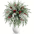 Christmas Greenery Stems, 14-Inch Artificial Flocked Norfolk Pine and Red Berry Decor for DIY Wreaths, Vase Fillers and Holiday Centerpieces