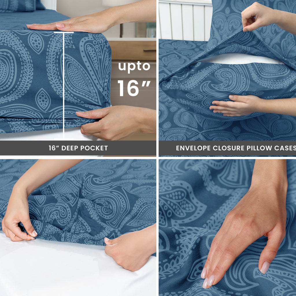 Paisley Bed Sheet Set, Soft Double Brushed Microfiber Bedding with 16-Inch Deep Pocket Fitted Sheet and Pillowcases in Six Sizes for Bedroom Comfort