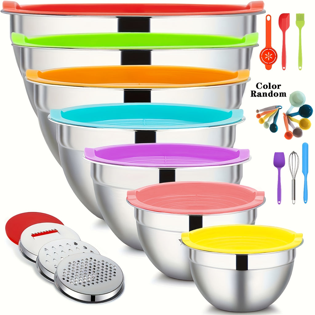 Salad Box A Set of 26 Stainless Steel Mixing Bowl Set with Lids 7 Stainless Steel Mixing Bowls - Includes Grater Attachment, Sealing Lids, Whisk & More, Non-Slip Silicone Base, Dishwasher Safe, Complete Kitchen Kit for Baking, Meal Prep, Holiday Cooking